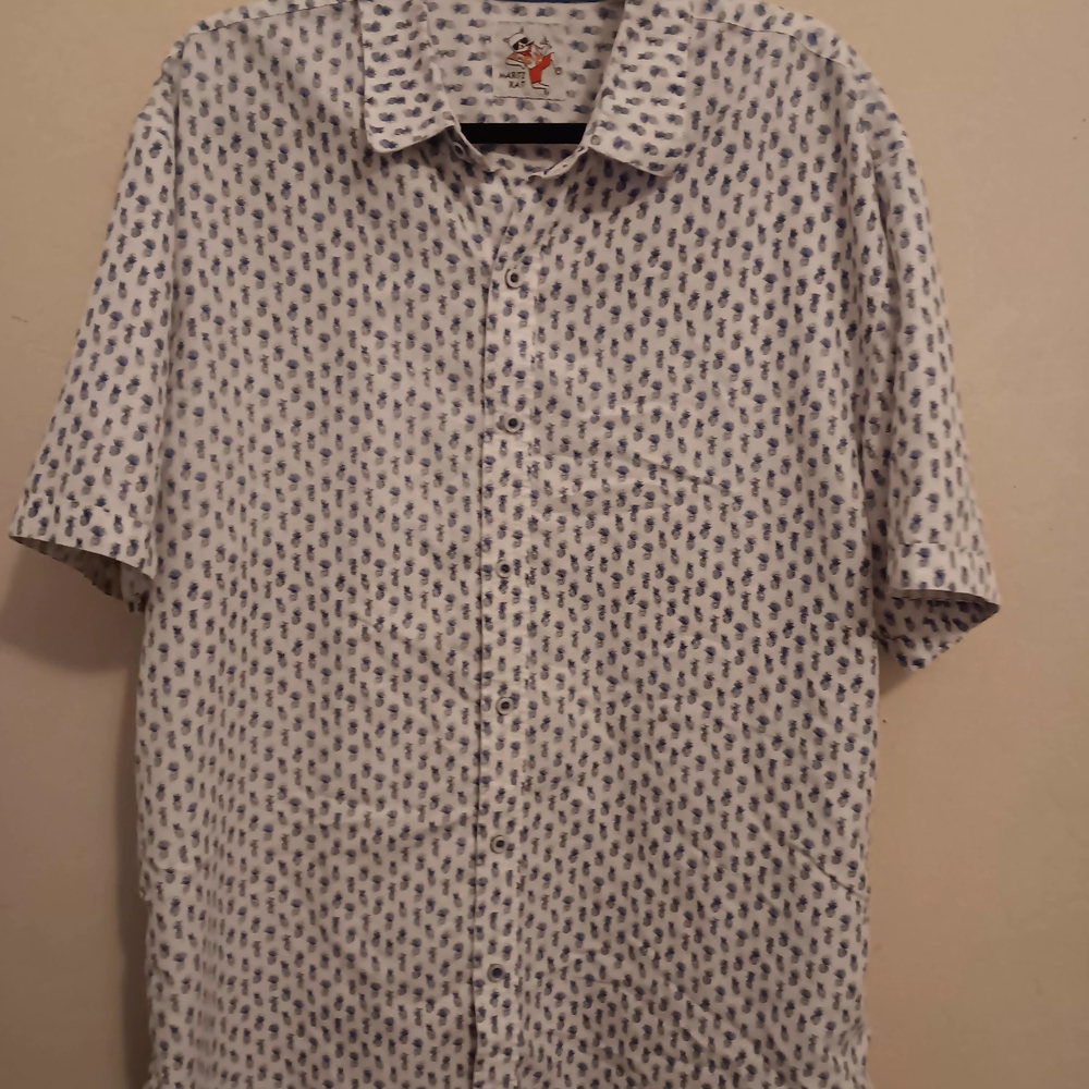 Marti Kat Men’s  2XL Hawaiian Shirt Pineapples Blue & White Soft Velour Feel EUC